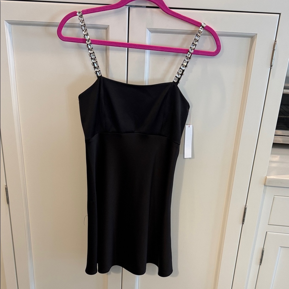 Alice + Olivia Embellished Black Sutton Mini Dress with rhinestone Straps